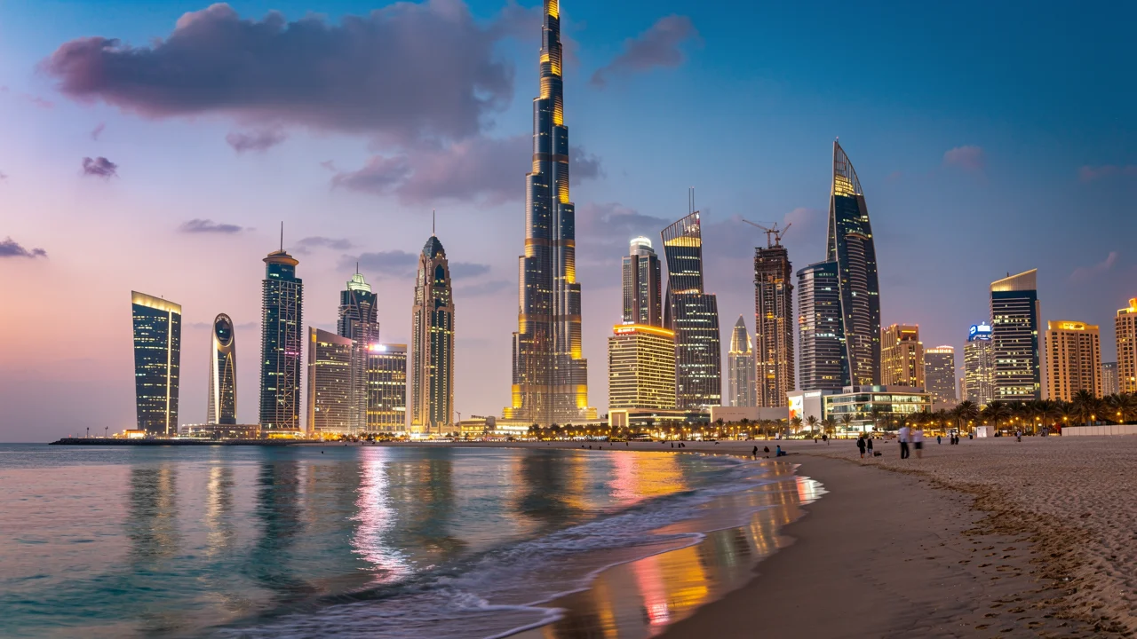 Dubai skyline, beachfront, and evening city lights in the UAE
