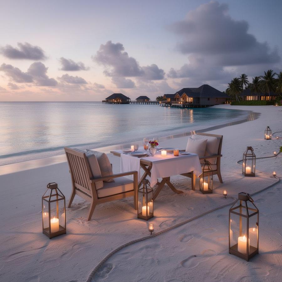Private dinner setup on white sand beside the ocean