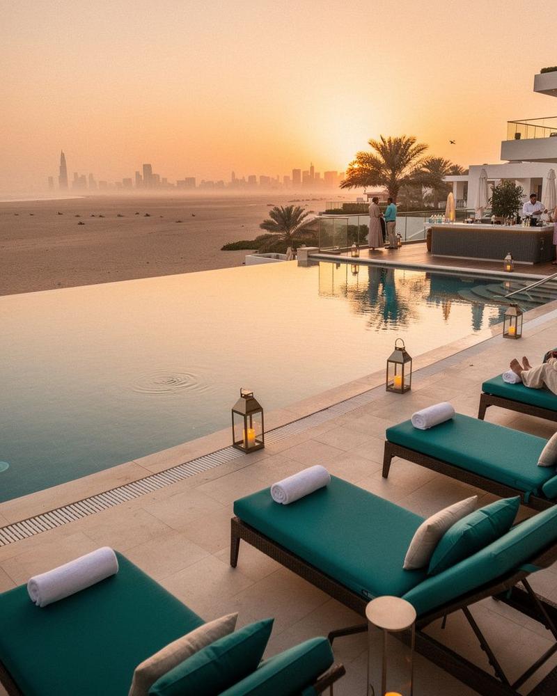 Premium UAE resort pool and terrace at sunset